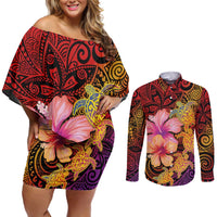 Hawaiian Hibiscus Turtle Tribal Polynesian Pattern Couples Matching Off Shoulder Short Dress and Long Sleeve Button Shirt Colorful Color LT03 Red - Polynesian Pride