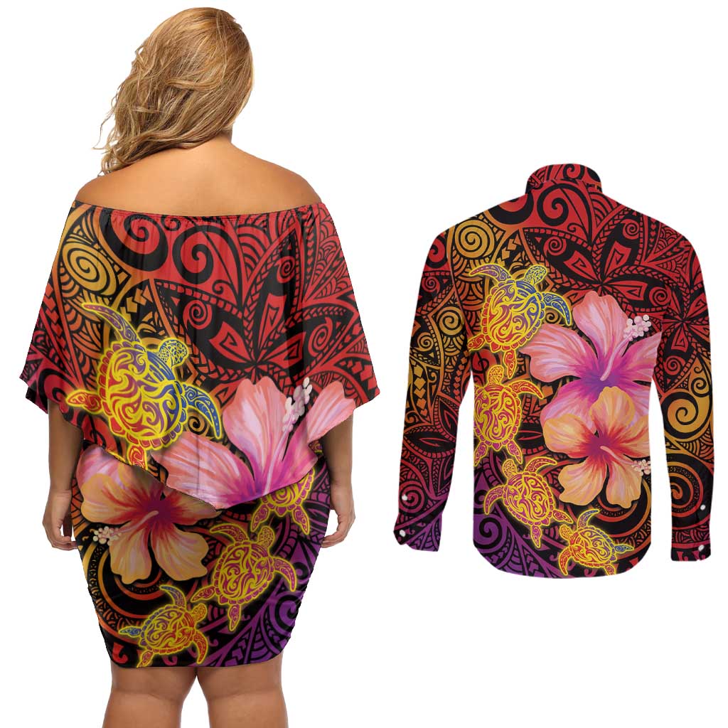 Hawaiian Hibiscus Turtle Tribal Polynesian Pattern Couples Matching Off Shoulder Short Dress and Long Sleeve Button Shirt Colorful Color LT03 - Polynesian Pride