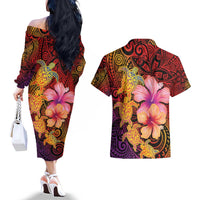 Hawaiian Hibiscus Turtle Tribal Polynesian Pattern Couples Matching Off The Shoulder Long Sleeve Dress and Hawaiian Shirt Colorful Color LT03 - Polynesian Pride