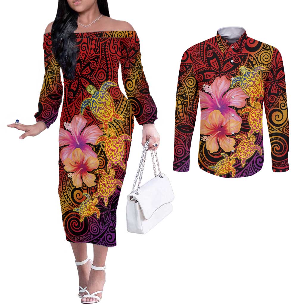 Hawaiian Hibiscus Turtle Tribal Polynesian Pattern Couples Matching Off The Shoulder Long Sleeve Dress and Long Sleeve Button Shirt Colorful Color LT03 Red - Polynesian Pride