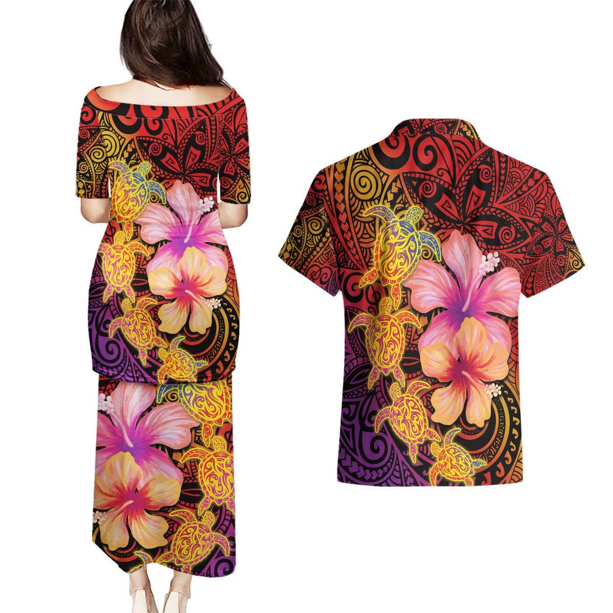 Hawaiian Hibiscus Turtle Tribal Polynesian Pattern Couples Matching Puletasi and Hawaiian Shirt Colorful Color LT03 - Polynesian Pride