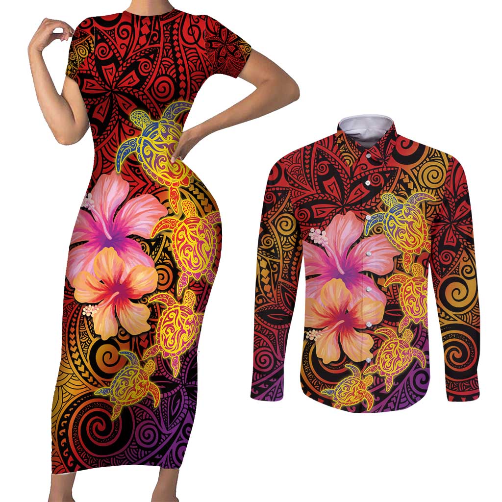 Hawaiian Hibiscus Turtle Tribal Polynesian Pattern Couples Matching Short Sleeve Bodycon Dress and Long Sleeve Button Shirt Colorful Color LT03 Red - Polynesian Pride
