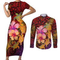 Hawaiian Hibiscus Turtle Tribal Polynesian Pattern Couples Matching Short Sleeve Bodycon Dress and Long Sleeve Button Shirt Colorful Color LT03 Red - Polynesian Pride
