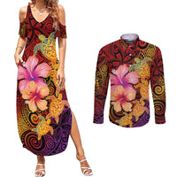 Hawaiian Hibiscus Turtle Tribal Polynesian Pattern Couples Matching Summer Maxi Dress and Long Sleeve Button Shirt Colorful Color LT03 Red - Polynesian Pride