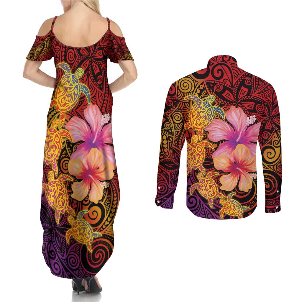 Hawaiian Hibiscus Turtle Tribal Polynesian Pattern Couples Matching Summer Maxi Dress and Long Sleeve Button Shirt Colorful Color LT03 - Polynesian Pride