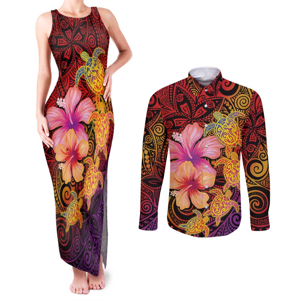 Hawaiian Hibiscus Turtle Tribal Polynesian Pattern Couples Matching Tank Maxi Dress and Long Sleeve Button Shirt Colorful Color LT03 Red - Polynesian Pride