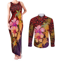 Hawaiian Hibiscus Turtle Tribal Polynesian Pattern Couples Matching Tank Maxi Dress and Long Sleeve Button Shirt Colorful Color LT03 Red - Polynesian Pride