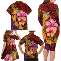 Hawaiian Hibiscus Turtle Tribal Polynesian Pattern Family Matching Long Sleeve Bodycon Dress and Hawaiian Shirt Colorful Color