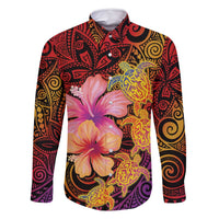 Hawaiian Hibiscus Turtle Tribal Polynesian Pattern Family Matching Mermaid Dress and Hawaiian Shirt Colorful Color LT03 Dad's Shirt - Long Sleeve Red - Polynesian Pride
