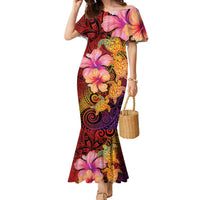 Hawaiian Hibiscus Turtle Tribal Polynesian Pattern Family Matching Mermaid Dress and Hawaiian Shirt Colorful Color LT03 Mom's Dress Red - Polynesian Pride