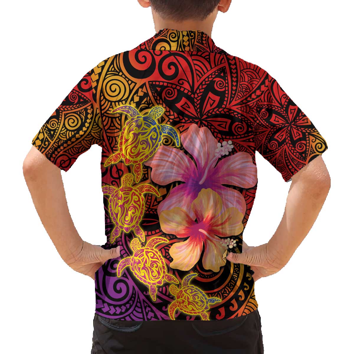 Hawaiian Hibiscus Turtle Tribal Polynesian Pattern Family Matching Off The Shoulder Long Sleeve Dress and Hawaiian Shirt Colorful Color LT03 - Polynesian Pride