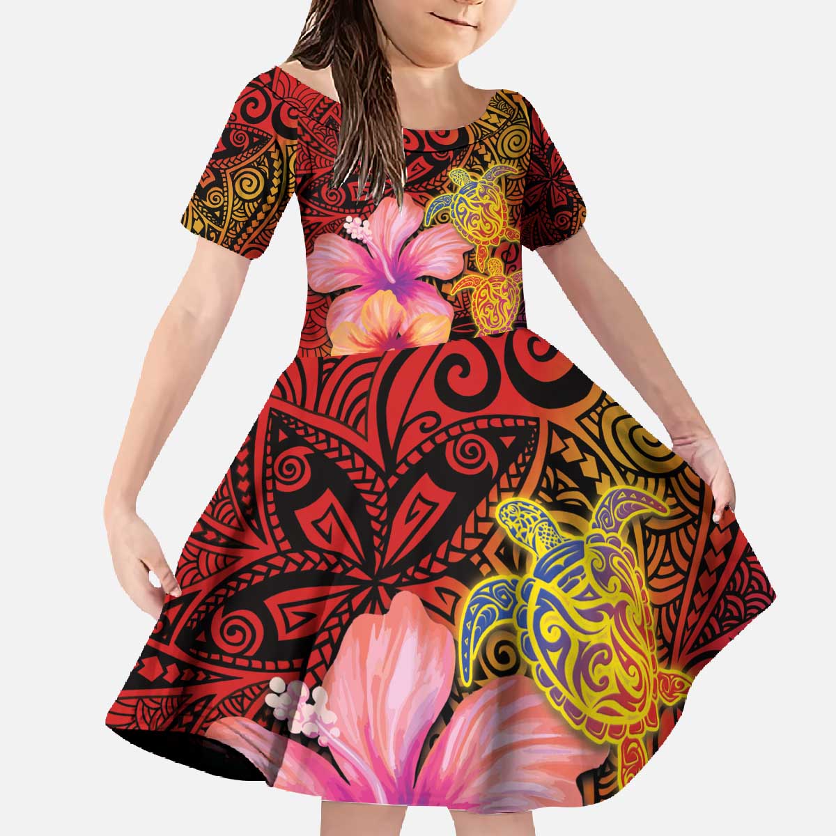 Hawaiian Hibiscus Turtle Tribal Polynesian Pattern Family Matching Off The Shoulder Long Sleeve Dress and Hawaiian Shirt Colorful Color LT03 Daughter's Dress Red - Polynesian Pride