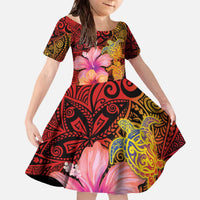 Hawaiian Hibiscus Turtle Tribal Polynesian Pattern Family Matching Off The Shoulder Long Sleeve Dress and Hawaiian Shirt Colorful Color LT03 Daughter's Dress Red - Polynesian Pride