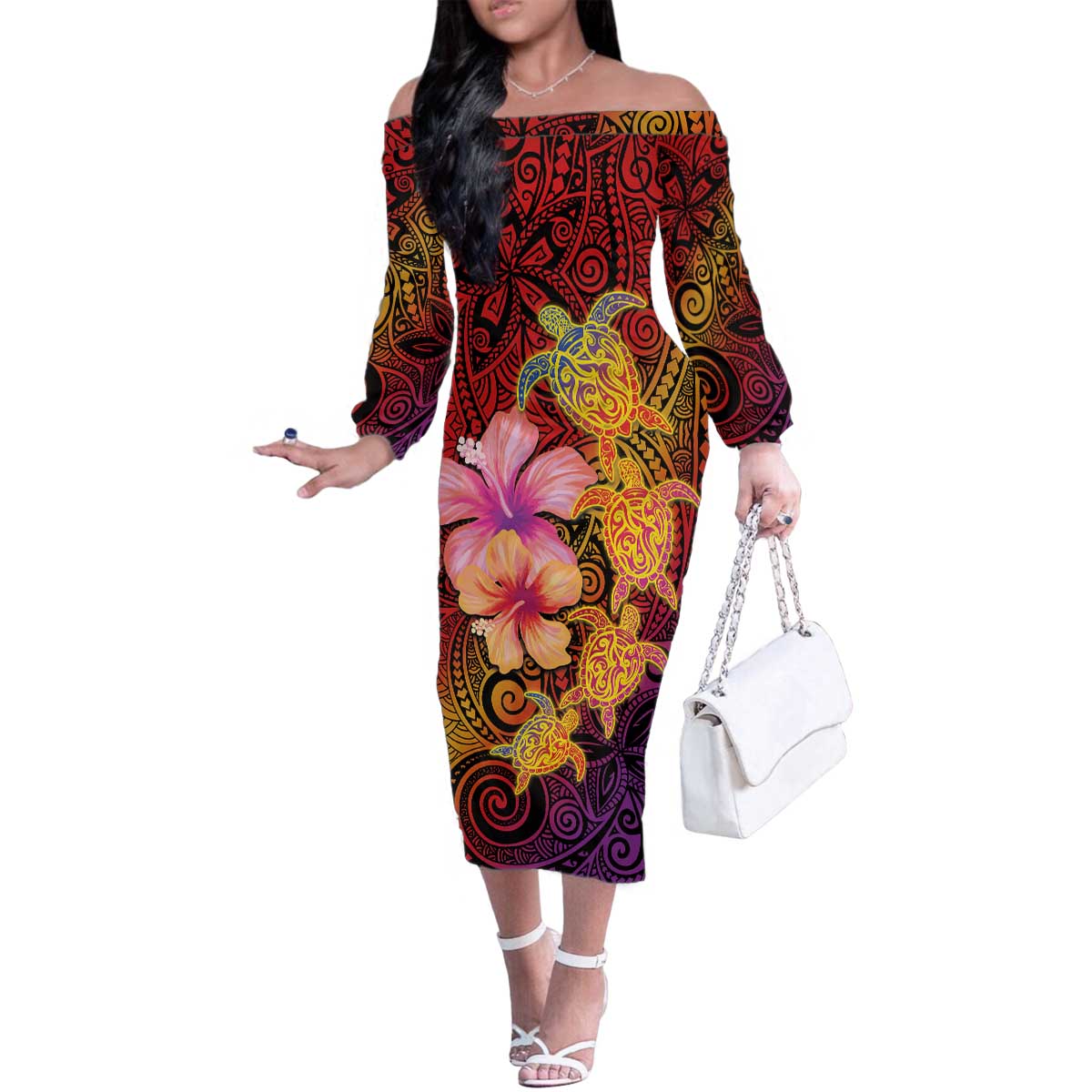 Hawaiian Hibiscus Turtle Tribal Polynesian Pattern Family Matching Off The Shoulder Long Sleeve Dress and Hawaiian Shirt Colorful Color LT03 Mom's Dress Red - Polynesian Pride