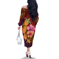 Hawaiian Hibiscus Turtle Tribal Polynesian Pattern Family Matching Off The Shoulder Long Sleeve Dress and Hawaiian Shirt Colorful Color LT03 - Polynesian Pride