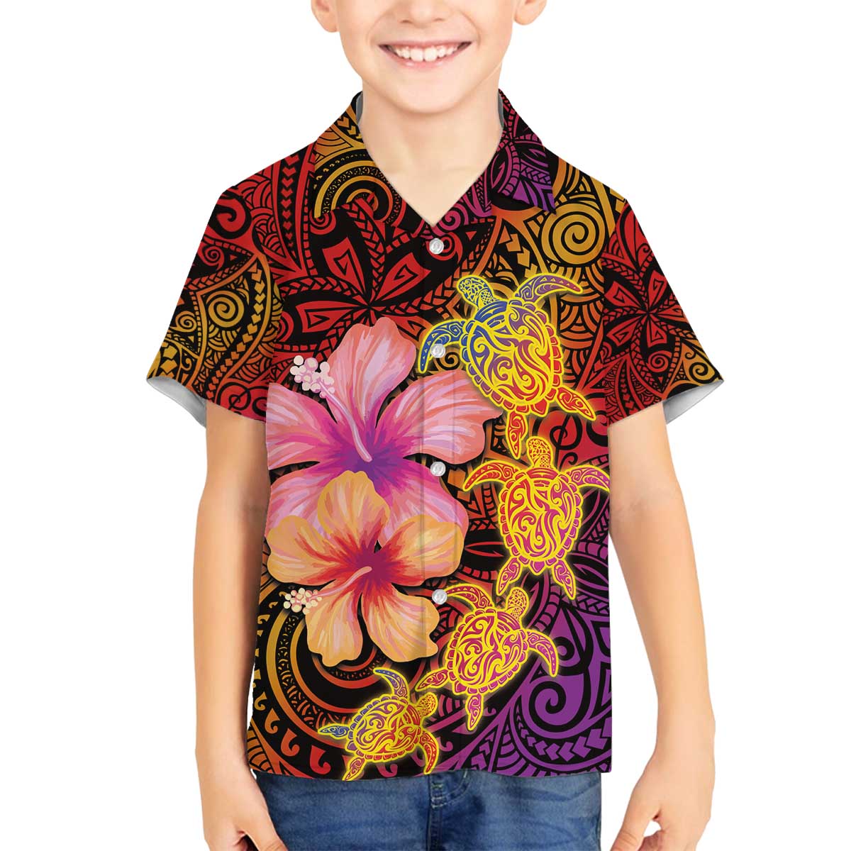 Hawaiian Hibiscus Turtle Tribal Polynesian Pattern Family Matching Off The Shoulder Long Sleeve Dress and Hawaiian Shirt Colorful Color LT03 Son's Shirt Red - Polynesian Pride