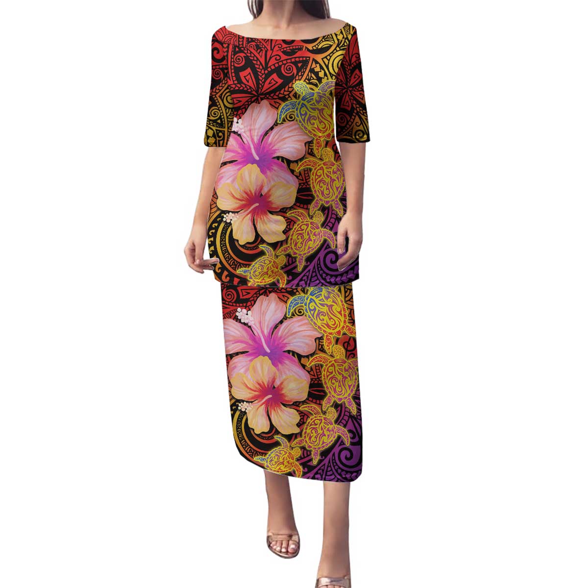 Hawaiian Hibiscus Turtle Tribal Polynesian Pattern Family Matching Puletasi and Hawaiian Shirt Colorful Color LT03 Mom's Dress Red - Polynesian Pride