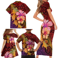Hawaiian Hibiscus Turtle Tribal Polynesian Pattern Family Matching Short Sleeve Bodycon Dress and Hawaiian Shirt Colorful Color LT03 - Polynesian Pride