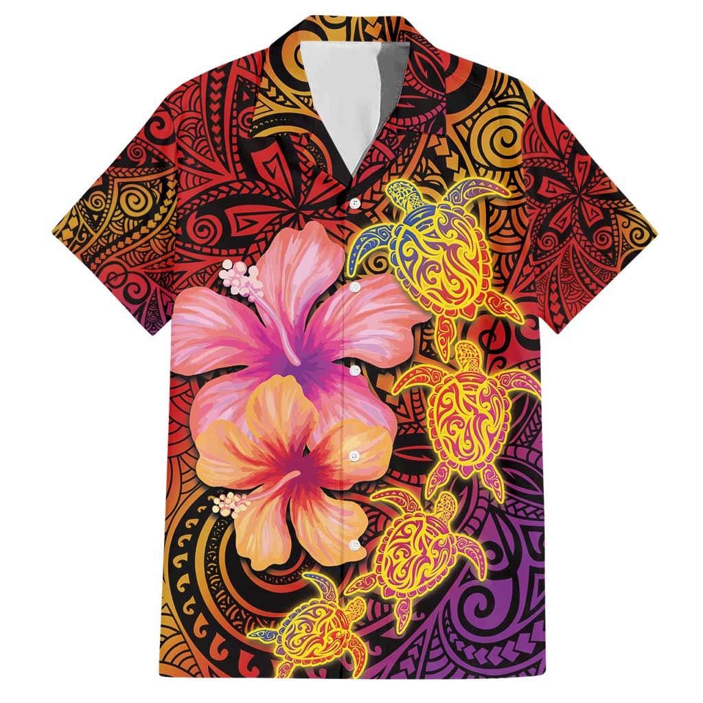 Hawaiian Hibiscus Turtle Tribal Polynesian Pattern Family Matching Short Sleeve Bodycon Dress and Hawaiian Shirt Colorful Color LT03 Dad's Shirt - Short Sleeve Red - Polynesian Pride