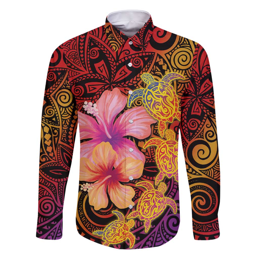 Hawaiian Hibiscus Turtle Tribal Polynesian Pattern Family Matching Short Sleeve Bodycon Dress and Hawaiian Shirt Colorful Color LT03 Dad's Shirt - Long Sleeve Red - Polynesian Pride