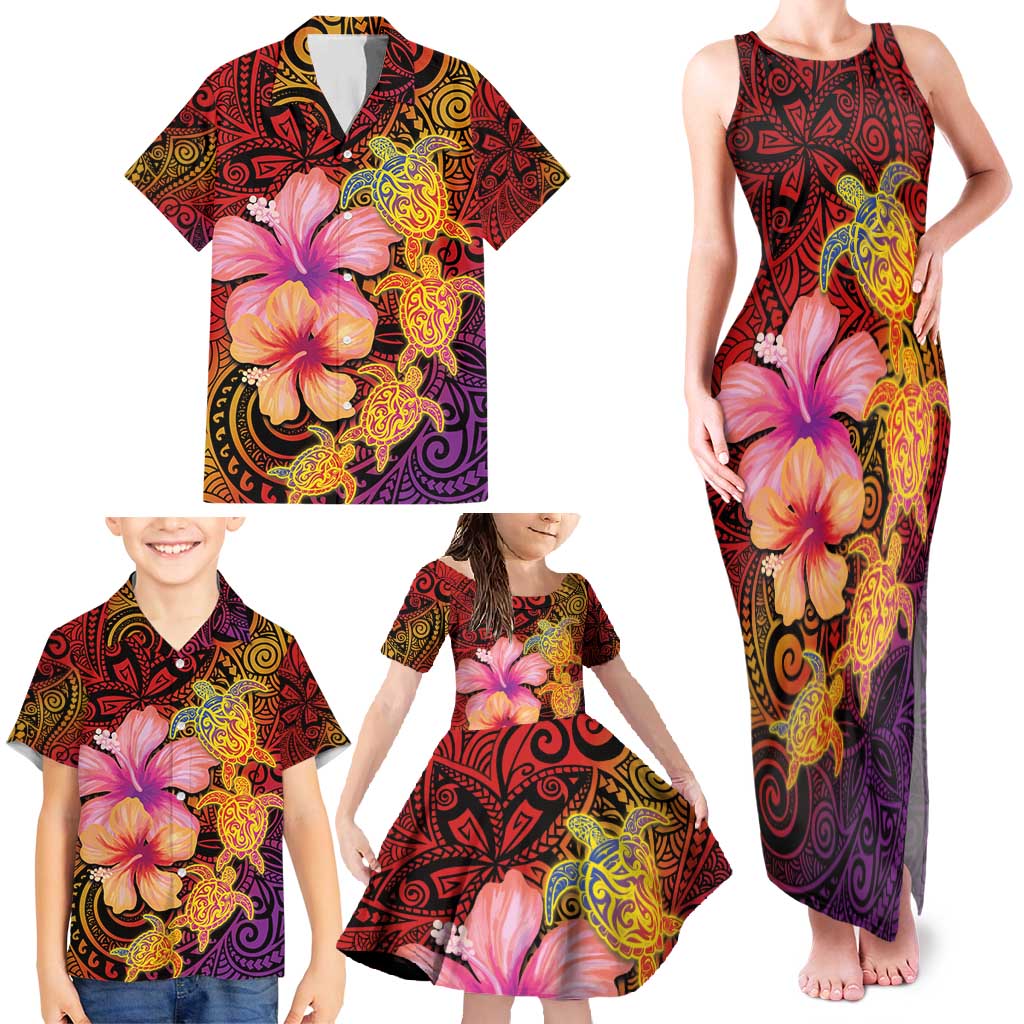 Hawaiian Hibiscus Turtle Tribal Polynesian Pattern Family Matching Tank Maxi Dress and Hawaiian Shirt Colorful Color