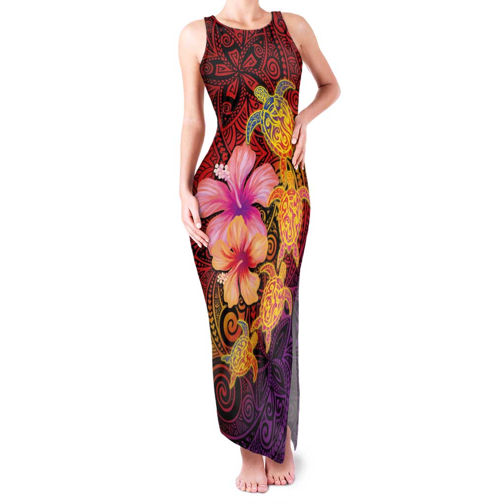 Hawaiian Hibiscus Turtle Tribal Polynesian Pattern Family Matching Tank Maxi Dress and Hawaiian Shirt Colorful Color