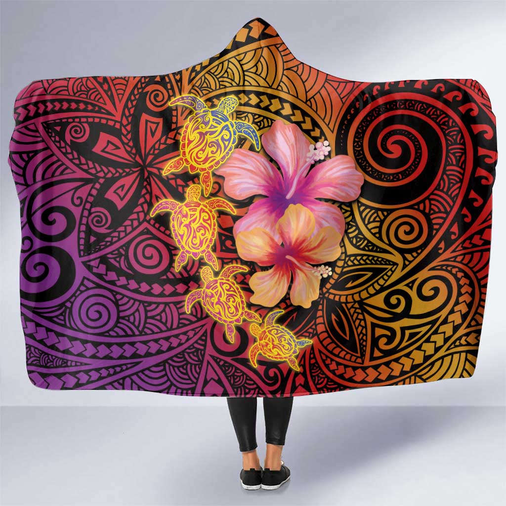 Hawaiian Hibiscus Turtle Tribal Polynesian Pattern Hooded Blanket Colorful Color