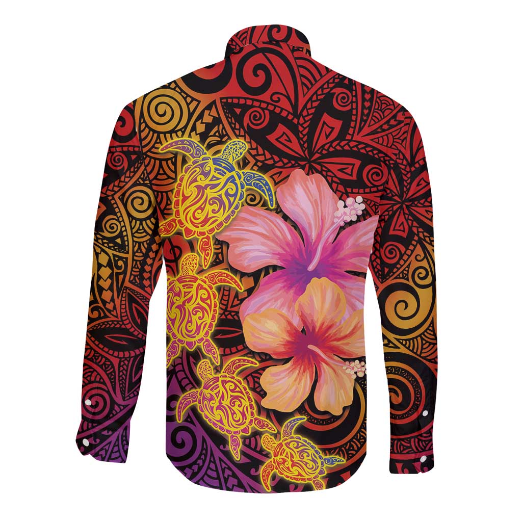 Hawaiian Hibiscus Turtle Tribal Polynesian Pattern Long Sleeve Button Shirt Colorful Color LT03 - Polynesian Pride