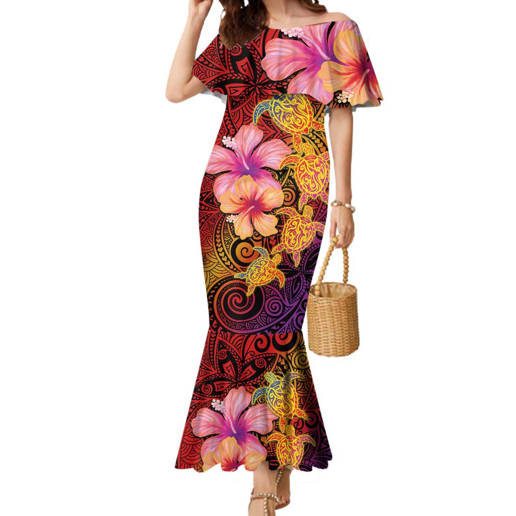 Hawaiian Hibiscus Turtle Tribal Polynesian Pattern Mermaid Dress Colorful Color