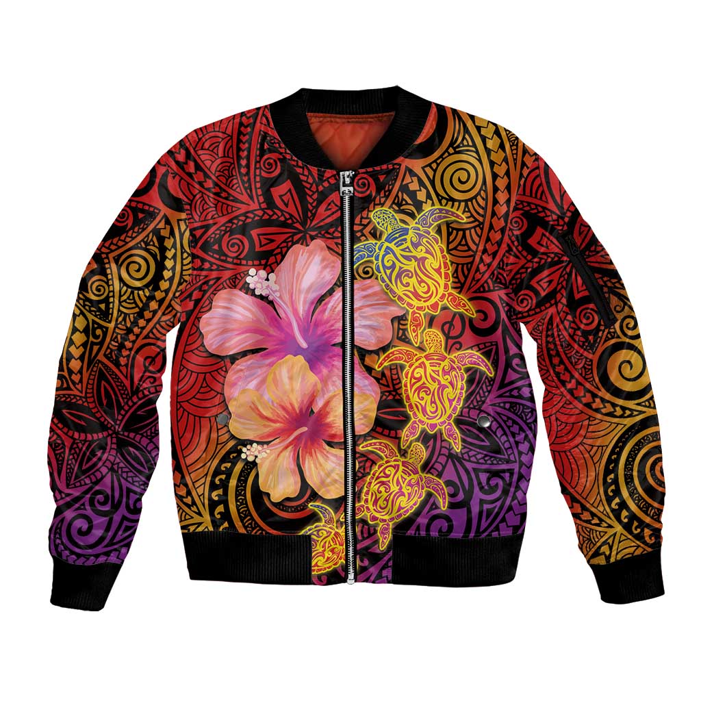 Hawaiian Hibiscus Turtle Tribal Polynesian Pattern Sleeve Zip Bomber Jacket Colorful Color LT03 Unisex Red - Polynesian Pride