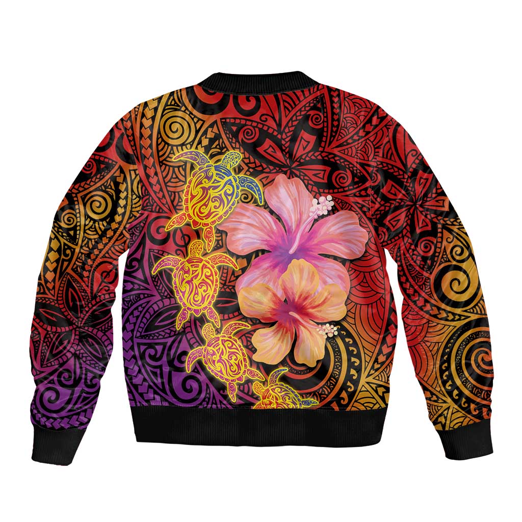 Hawaiian Hibiscus Turtle Tribal Polynesian Pattern Sleeve Zip Bomber Jacket Colorful Color LT03 - Polynesian Pride