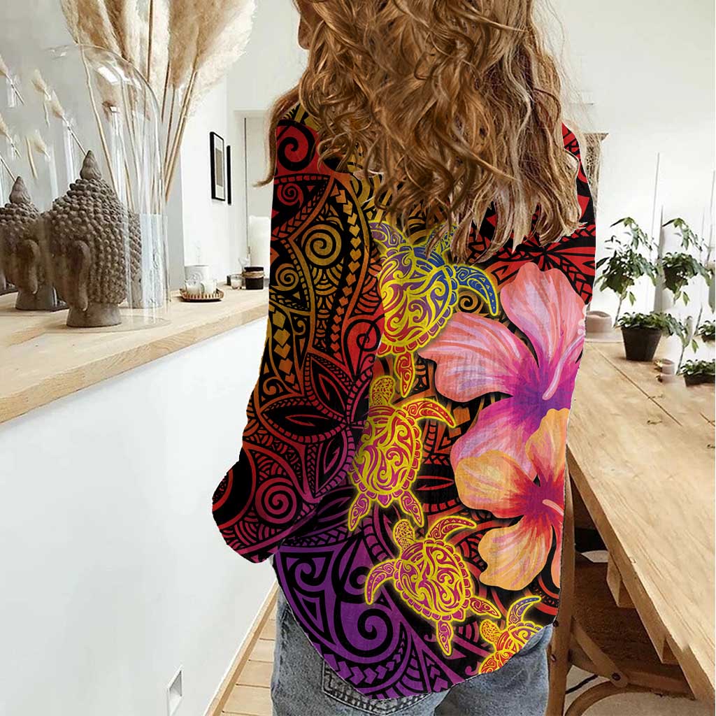 Hawaiian Hibiscus Turtle Tribal Polynesian Pattern Women Casual Shirt Colorful Color
