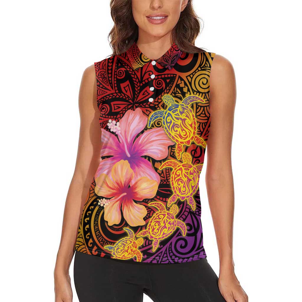 Hawaiian Hibiscus Turtle Tribal Polynesian Pattern Women Sleeveless Polo Shirt Colorful Color LT03 - Polynesian Pride