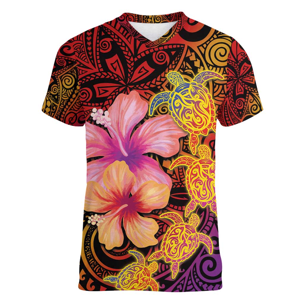 Hawaiian Hibiscus Turtle Tribal Polynesian Pattern Women V-Neck T-Shirt Colorful Color LT03 Female Red - Polynesian Pride