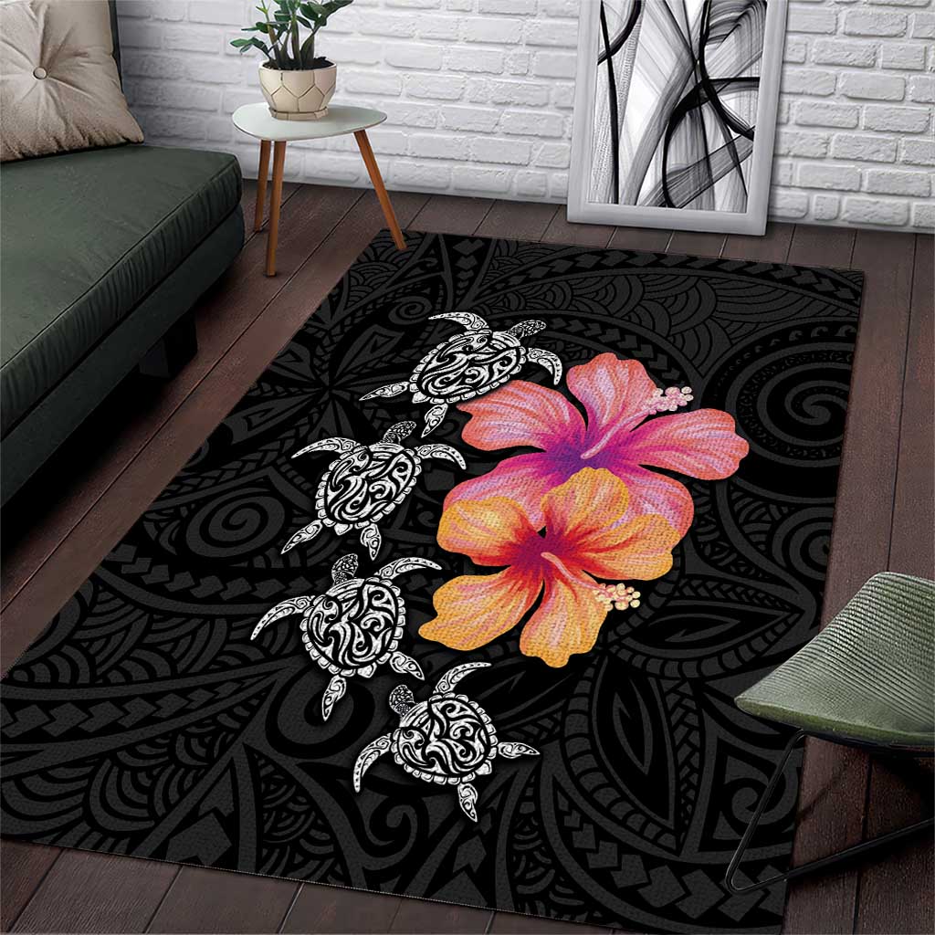 Hawaiian Hibiscus Turtle Tribal Polynesian Pattern Area Rug Black Color