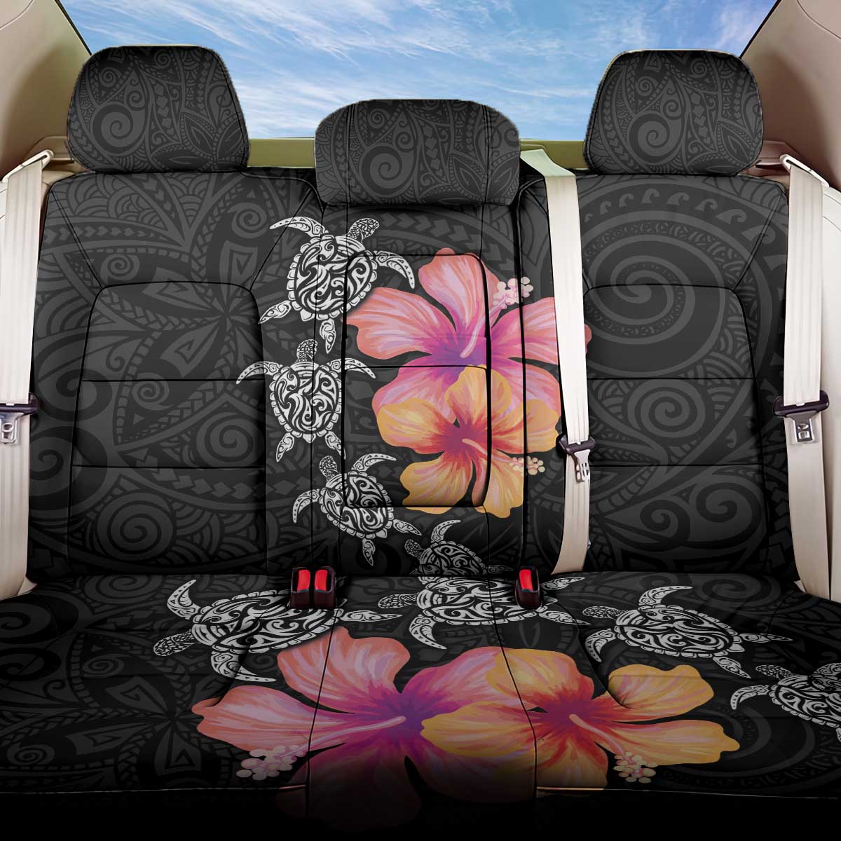 Hawaiian Hibiscus Turtle Tribal Polynesian Pattern Back Car Seat Cover Black Color