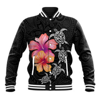 Hawaiian Hibiscus Turtle Tribal Polynesian Pattern Baseball Jacket Black Color