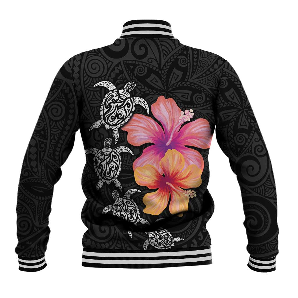 Hawaiian Hibiscus Turtle Tribal Polynesian Pattern Baseball Jacket Black Color