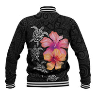 Hawaiian Hibiscus Turtle Tribal Polynesian Pattern Baseball Jacket Black Color