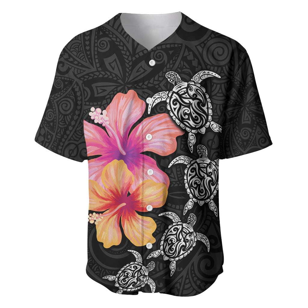 Hawaiian Hibiscus Turtle Tribal Polynesian Pattern Baseball Jersey Black Color