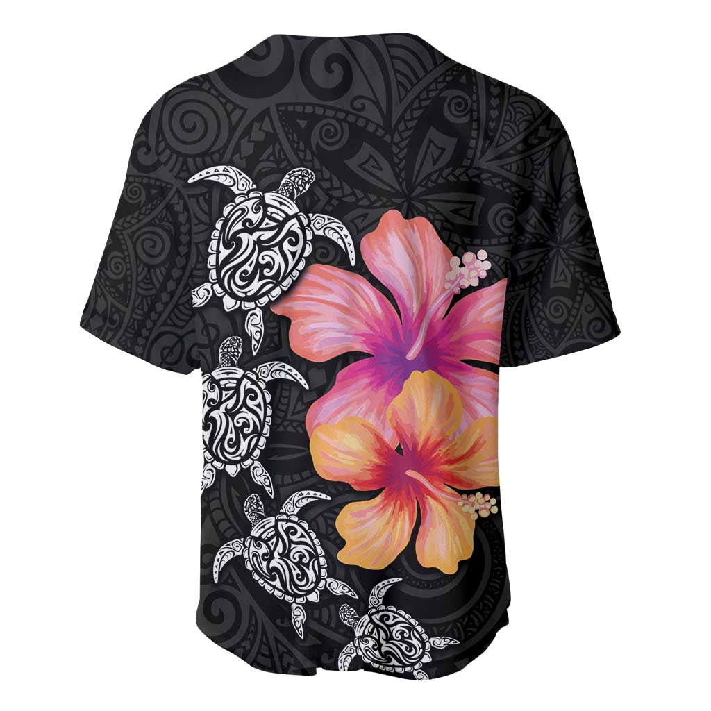 Hawaiian Hibiscus Turtle Tribal Polynesian Pattern Baseball Jersey Black Color LT03 - Polynesian Pride