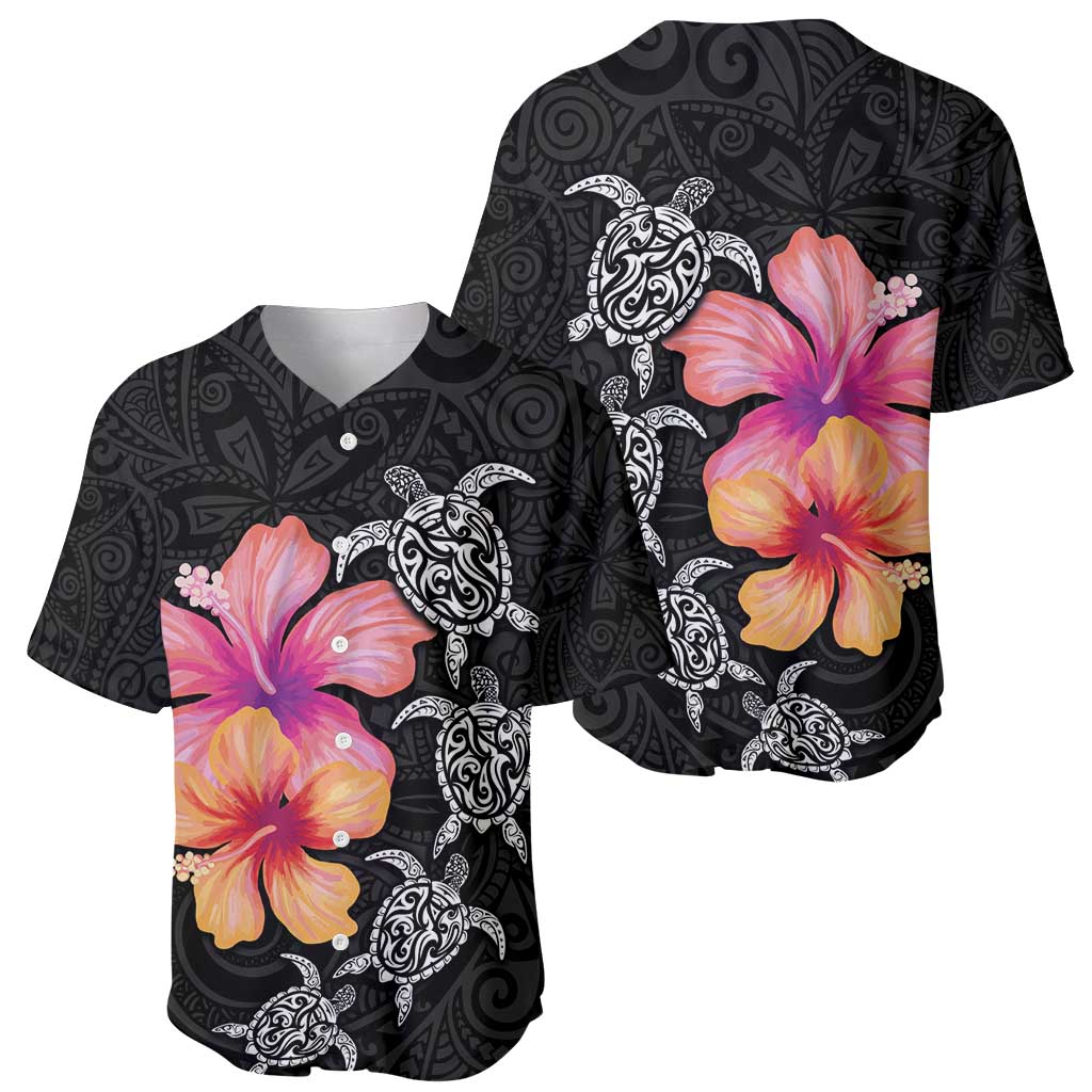 Hawaiian Hibiscus Turtle Tribal Polynesian Pattern Baseball Jersey Black Color LT03 - Polynesian Pride