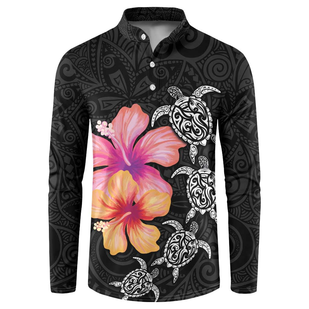 Hawaiian Hibiscus Turtle Tribal Polynesian Pattern Button Sweatshirt Black Color LT03 Black - Polynesian Pride