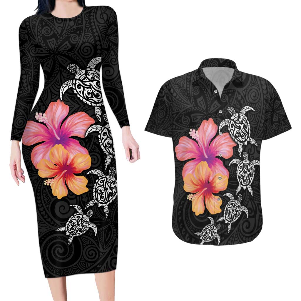 Hawaiian Hibiscus Turtle Tribal Polynesian Pattern Couples Matching Long Sleeve Bodycon Dress and Hawaiian Shirt Black Color LT03 Black - Polynesian Pride