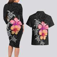 Hawaiian Hibiscus Turtle Tribal Polynesian Pattern Couples Matching Long Sleeve Bodycon Dress and Hawaiian Shirt Black Color LT03 - Polynesian Pride