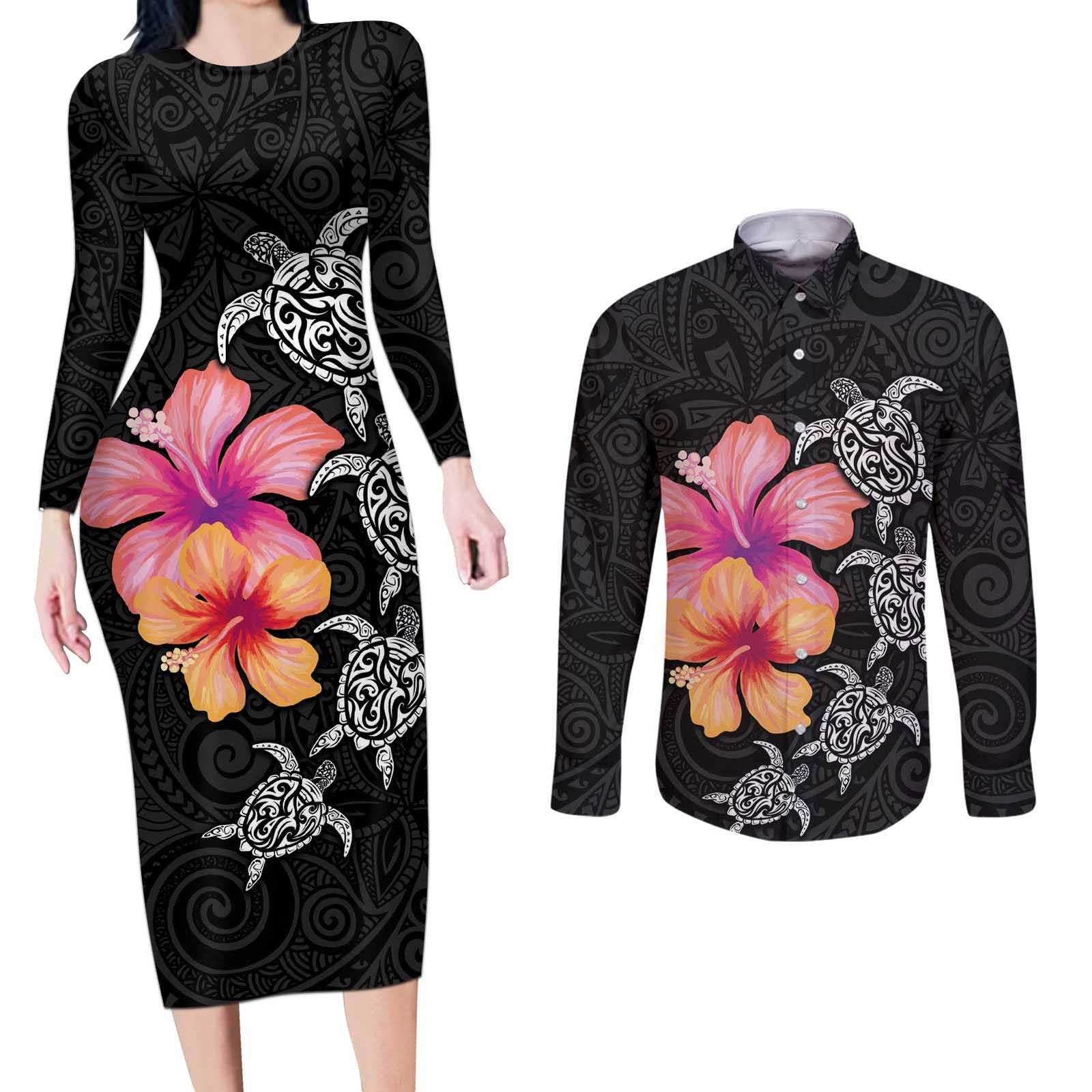 Hawaiian Hibiscus Turtle Tribal Polynesian Pattern Couples Matching Long Sleeve Bodycon Dress and Long Sleeve Button Shirt Black Color