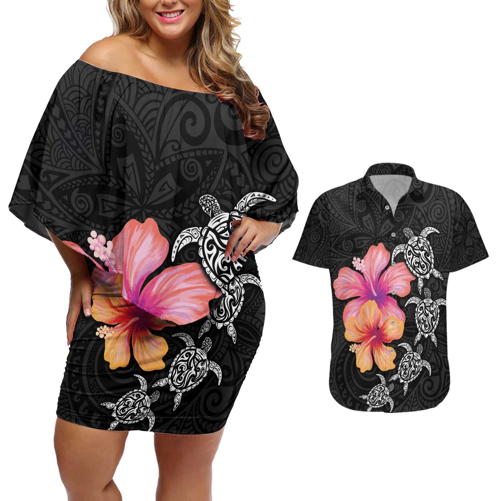 Hawaiian Hibiscus Turtle Tribal Polynesian Pattern Couples Matching Off Shoulder Short Dress and Hawaiian Shirt Black Color