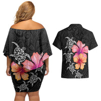 Hawaiian Hibiscus Turtle Tribal Polynesian Pattern Couples Matching Off Shoulder Short Dress and Hawaiian Shirt Black Color LT03 - Polynesian Pride