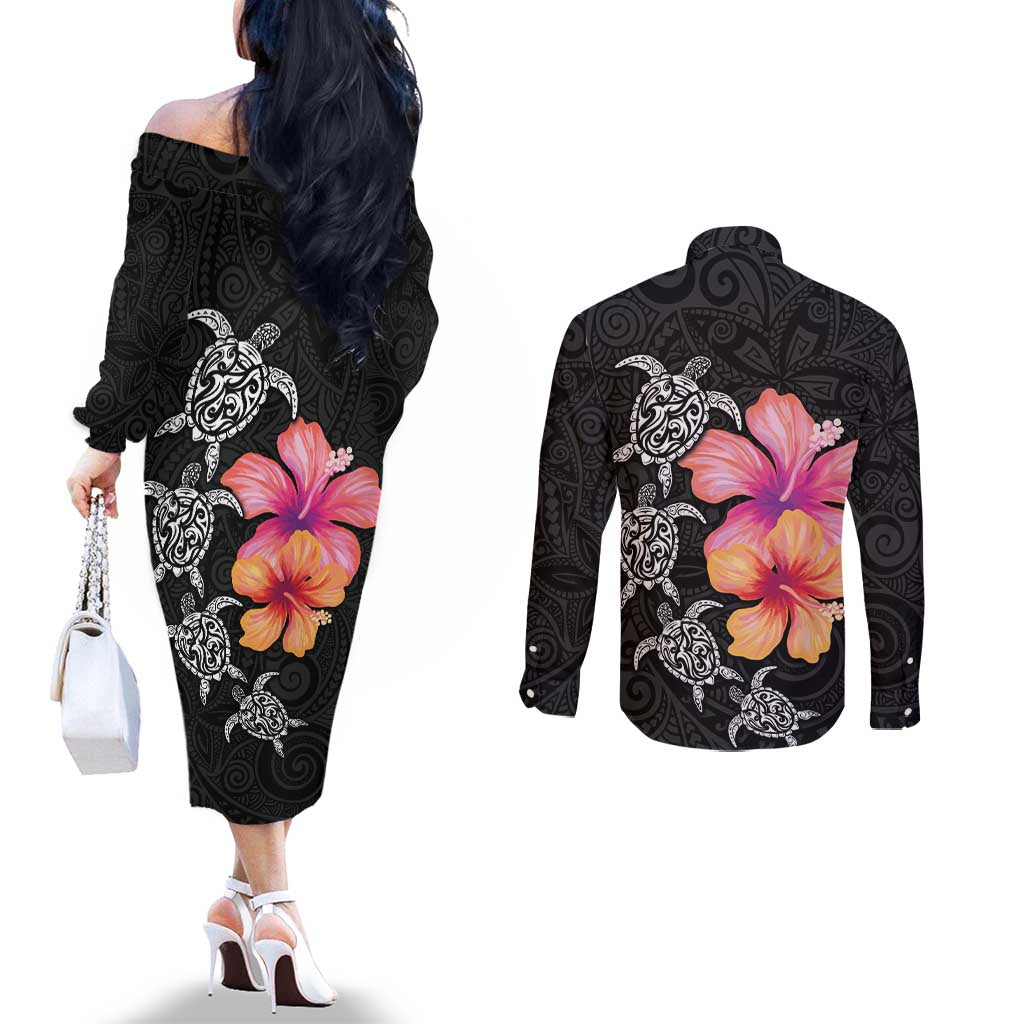 Hawaiian Hibiscus Turtle Tribal Polynesian Pattern Couples Matching Off The Shoulder Long Sleeve Dress and Long Sleeve Button Shirt Black Color LT03 - Polynesian Pride