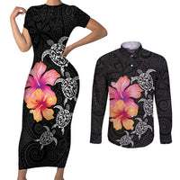 Hawaiian Hibiscus Turtle Tribal Polynesian Pattern Couples Matching Short Sleeve Bodycon Dress and Long Sleeve Button Shirt Black Color LT03 Black - Polynesian Pride